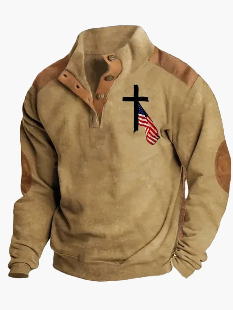 Stilla | Retro Cowboy Sweatshirt med Digitaltryk og Stående Krave - Western Casual Pullover til Udendørs og Fritid