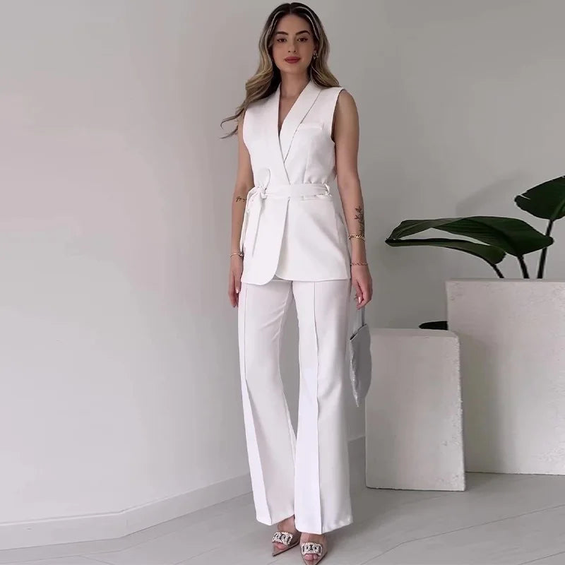 Stilla | Elegante 2-delt Udenærmetop og Lange Bukser Sæt Ensfarvet Slank Sæt Kvinder Festoutfit