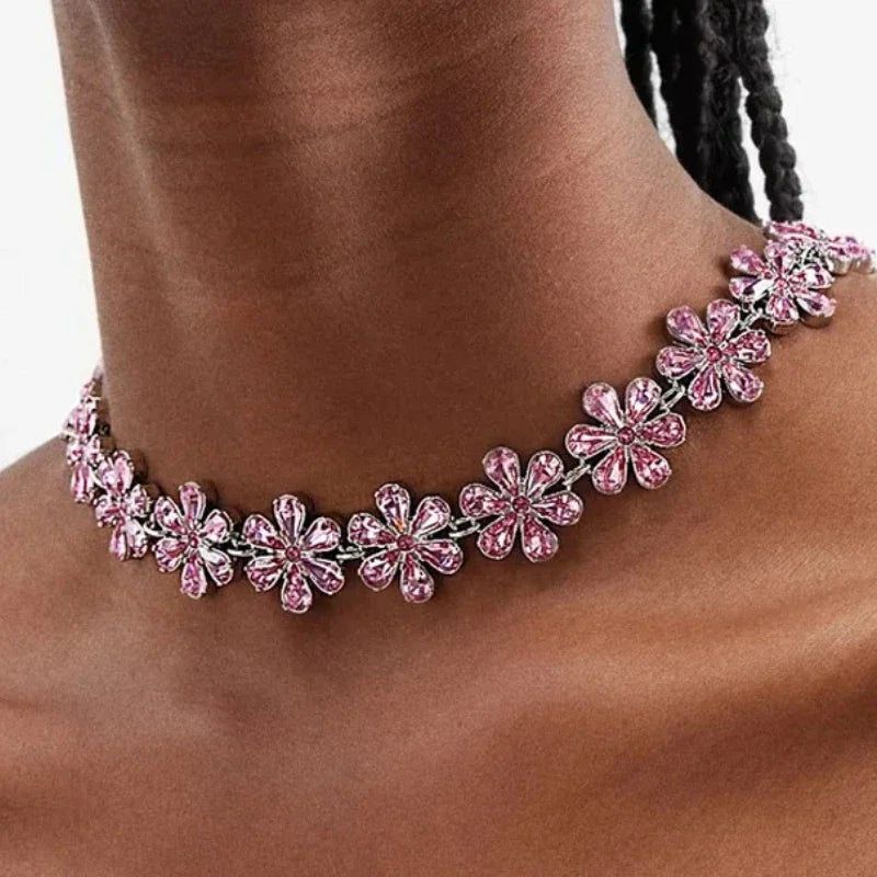 Skovae | Mode Pink Crystal Flowers Choker Necklace Statement Accessories Mode Frauen Rhinestone Collar Necklace Schlüsselbein Smykker Ins