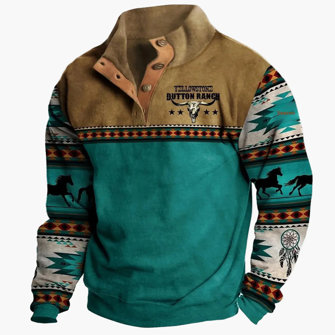 Stilla | Vintage Western Sweatshirt med Etnisk Mønster og Ståkrave - Fritidstrøje