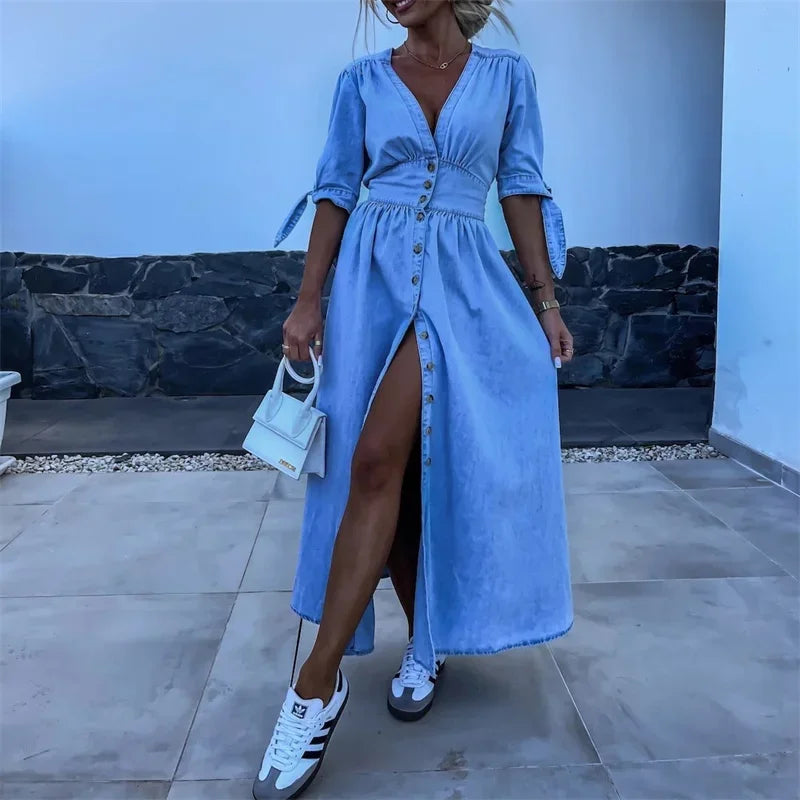 Stilla | Denim Kjole Med Front Knaplukning