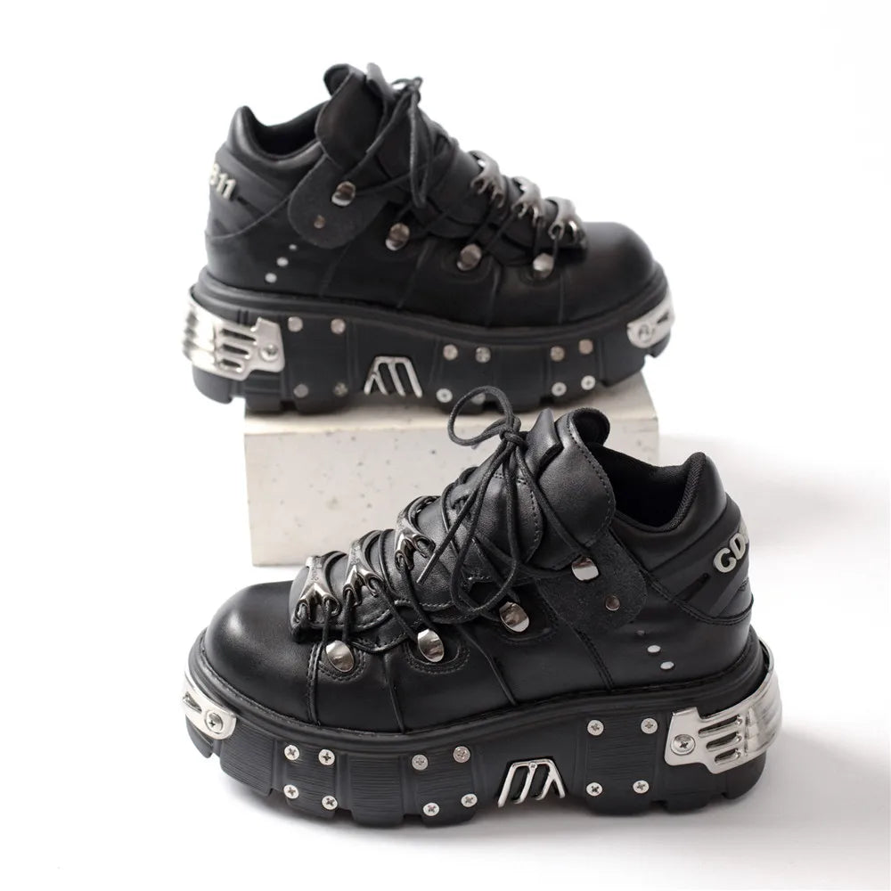 Skovae | Kvinder Ankelstøvler til kvinder Tykkesål Snørebånd Metal Dekoration Runde Tæer Plattform Sko Ladeis Punk Gothic Sneakers