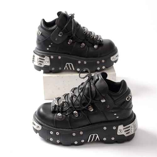 Skovae | Kvinder Ankelstøvler til kvinder Tykkesål Snørebånd Metal Dekoration Runde Tæer Plattform Sko Ladeis Punk Gothic Sneakers