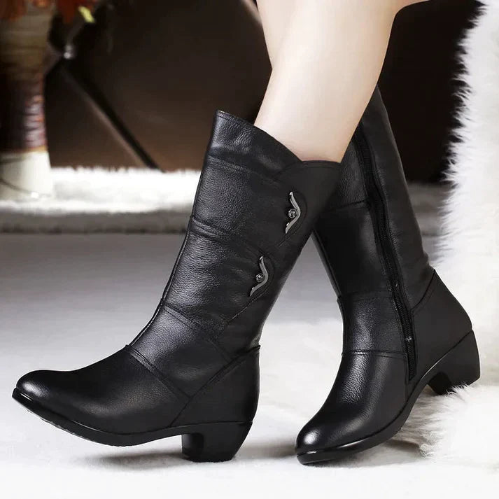 Stilla | Mid Calf Støvler Læderlignende Udseende Sidezipper Lav Heel Figurtilpasset Silhuet