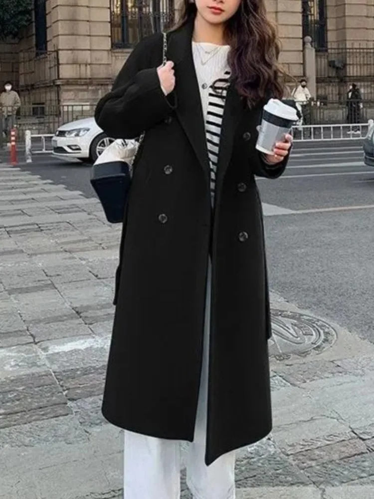 Stilla | Lang frakke Oversized Fit Dobbelt række Elastisk bånd Uld udseende