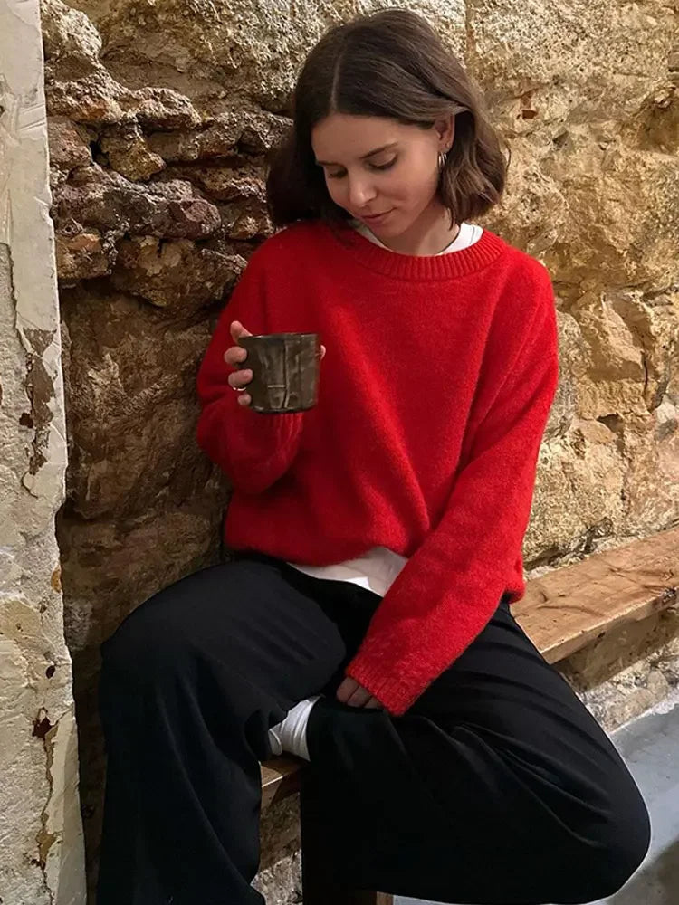 Stilla | Elegant Rød Rundhalset Pullover Af Bomuld Til Damer
