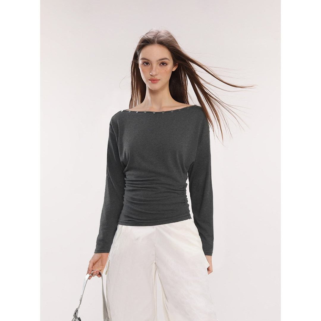 Dame Off-Shoulder Langærmet Top med Knapper Slim Fit