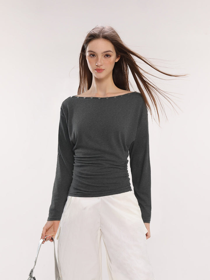 Dame Off-Shoulder Langærmet Top med Knapper Slim Fit