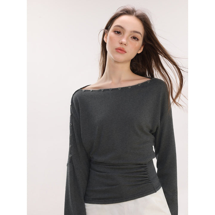 Dame Off-Shoulder Langærmet Top med Knapper Slim Fit