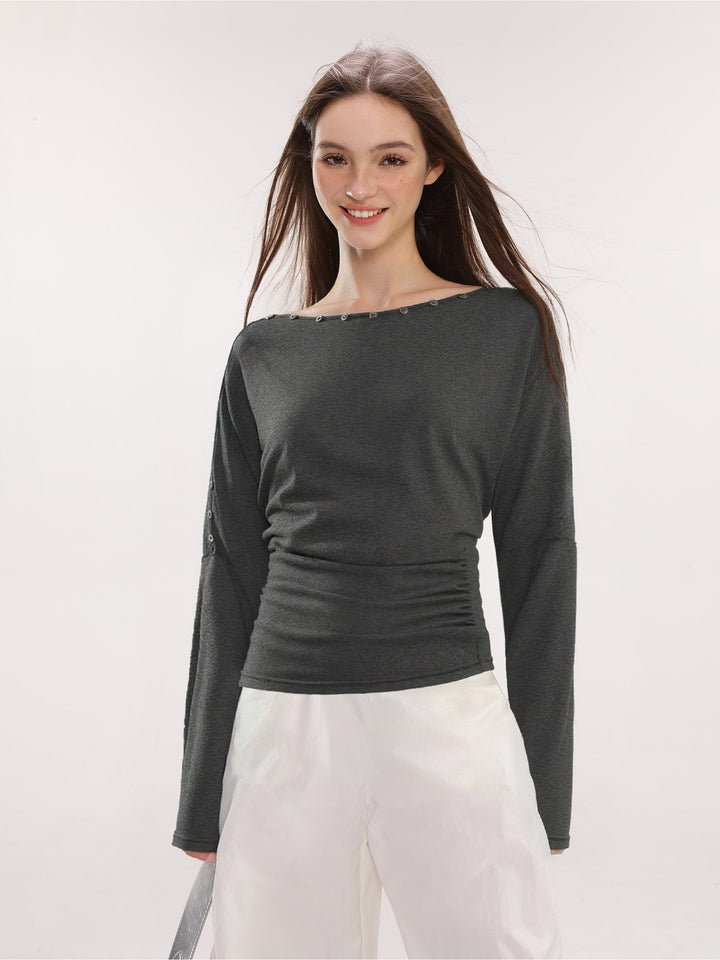 Dame Off-Shoulder Langærmet Top med Knapper Slim Fit