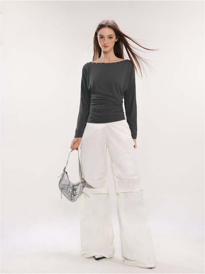 Dame Off-Shoulder Langærmet Top med Knapper Slim Fit