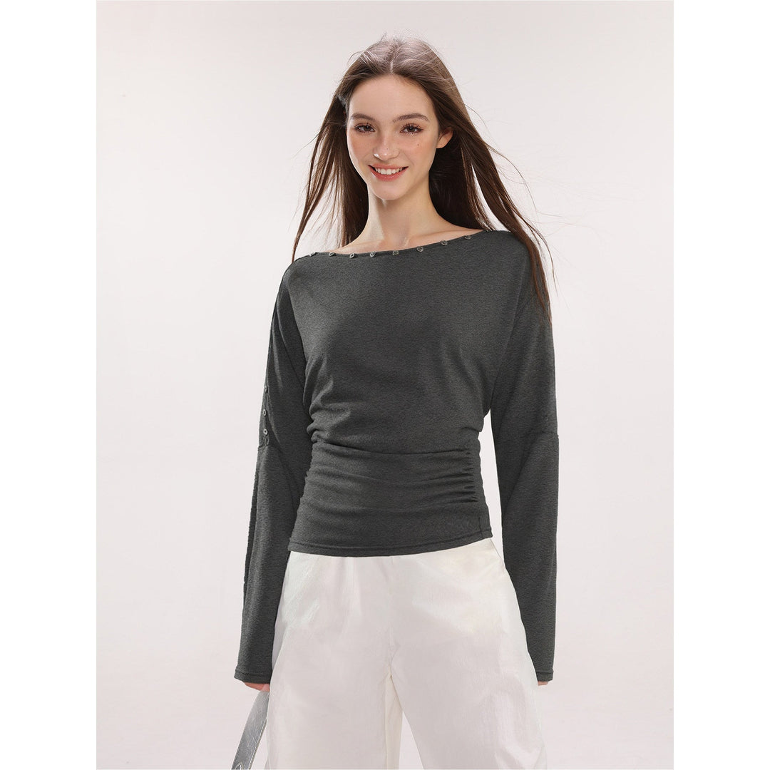 Dame Off-Shoulder Langærmet Top med Knapper Slim Fit