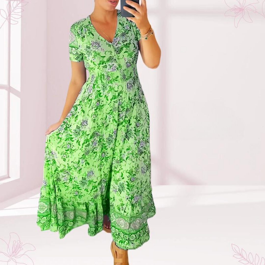 Stilla | Casual Lang Kjole Med Blomsterprint Og Flæsedetalje Ved Taljen Med V-hals