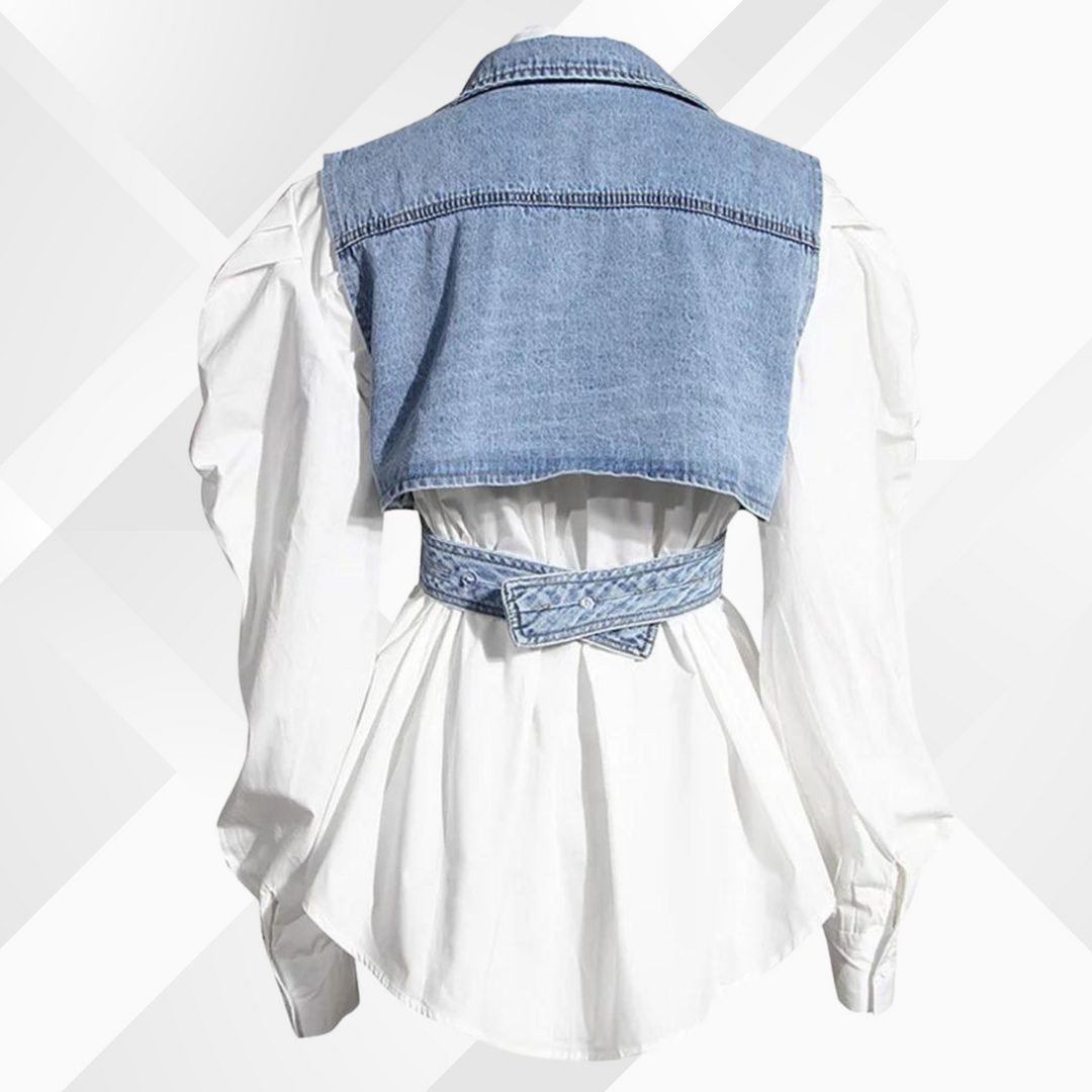 Stilla | Denim Vest Og Bluse Med Puffærmer