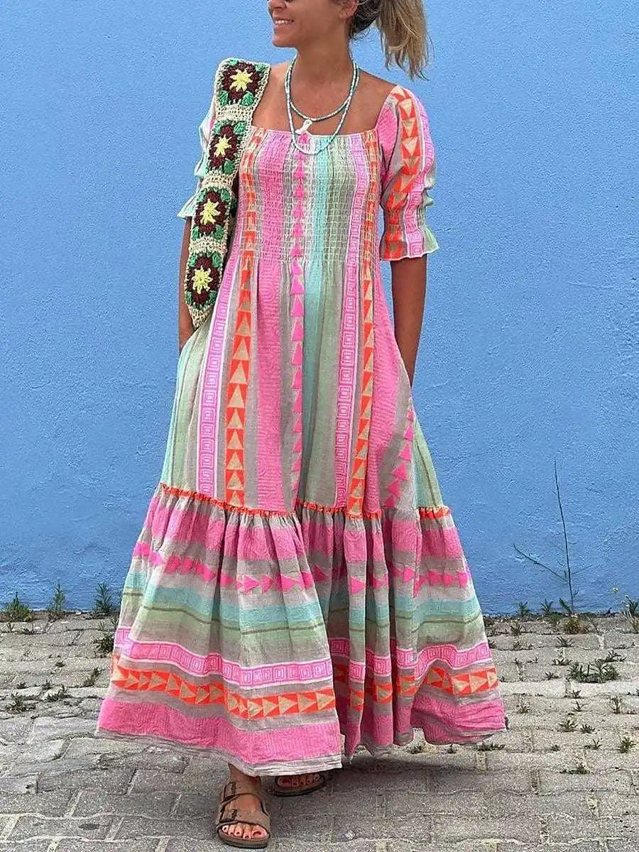Stilla | Stribet, Trykt, Plisseret Patchwork Maxi Kjole