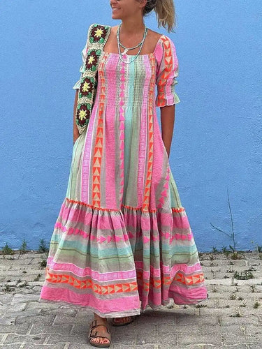 Stilla | Stribet, Trykt, Plisseret Patchwork Maxi Kjole