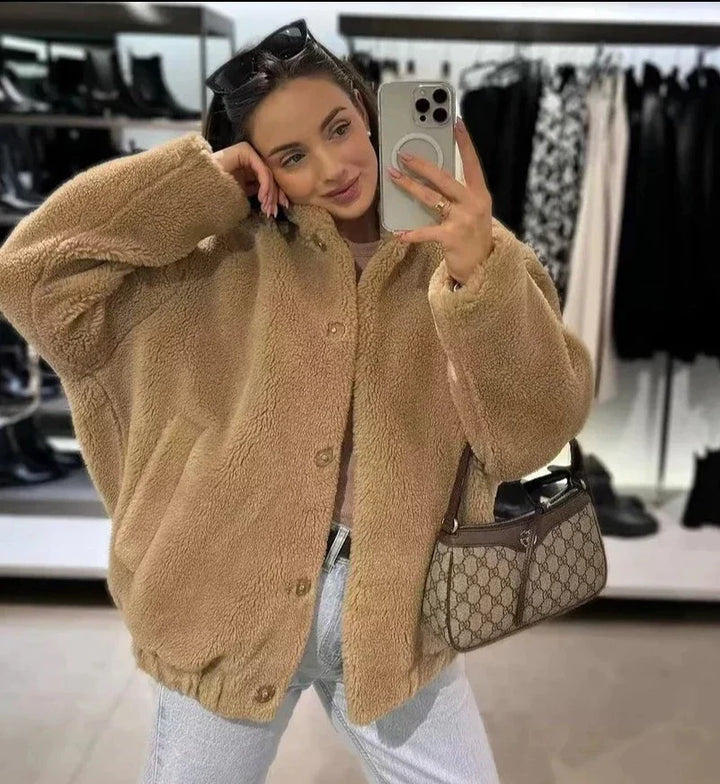 Stilla | Jakke Blødt Kunstpels Oversized Fit Knaplukning Lange Ærmer