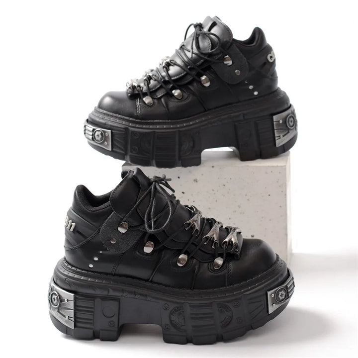 Skovae | Kvinder Ankelstøvler til kvinder Tykkesål Snørebånd Metal Dekoration Runde Tæer Plattform Sko Ladeis Punk Gothic Sneakers
