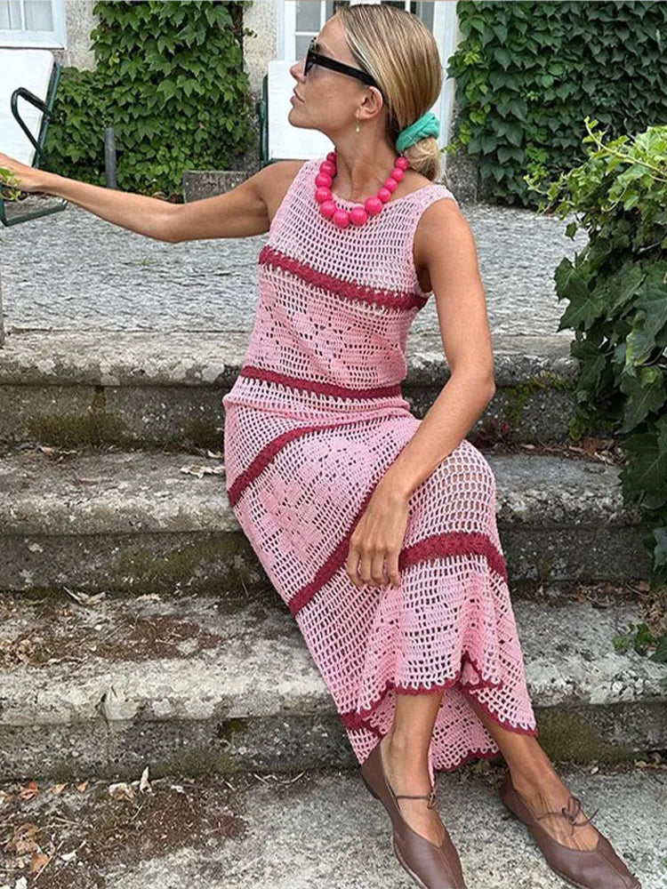 Stilla | Hollow Out Blomster Strik Maxi Kjole