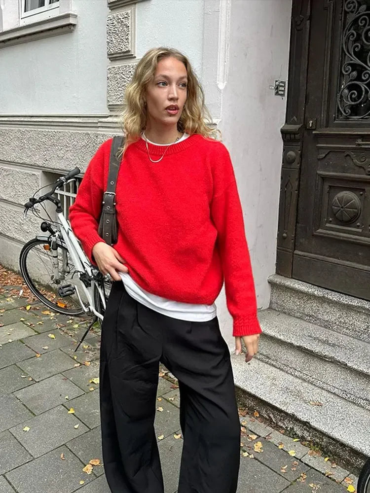 Stilla | Elegant Rød Rundhalset Pullover Af Bomuld Til Damer