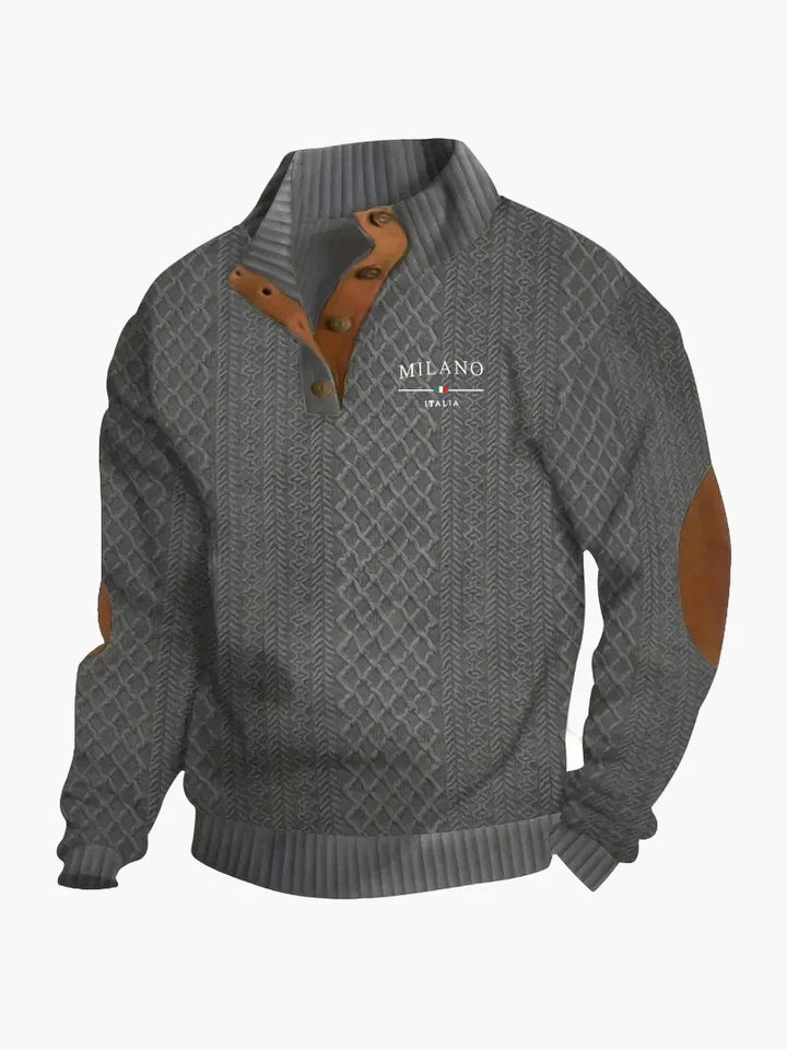 Stilla | Pullover Milano Italia Vintage Strikpullover med Ståkrave og Albue-Patches - Modisk Fritidspullover