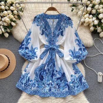 Stilla | Vintage Print Elegante Puffærmer A-linje