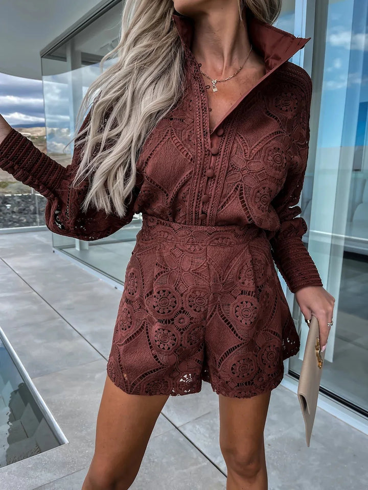 Skovae | Foridol Årgang En-knoop Hvid Spids Kvinder Shorts Sæt Forår Langærmet Casual Fest 2 Stykke Outfits Damer Dragt Sommer