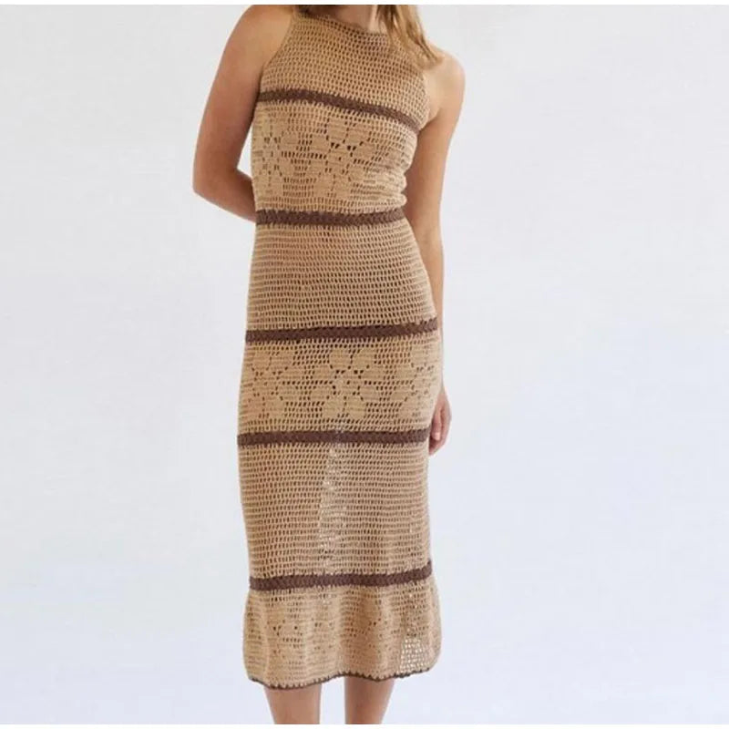 Stilla | Hollow Out Blomster Strik Maxi Kjole