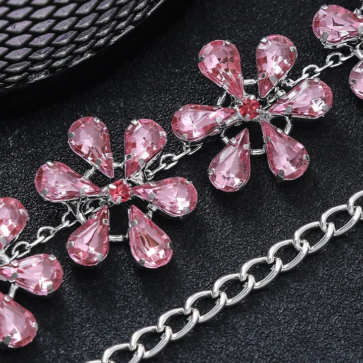 Skovae | Mode Pink Crystal Flowers Choker Necklace Statement Accessories Mode Frauen Rhinestone Collar Necklace Schlüsselbein Smykker Ins