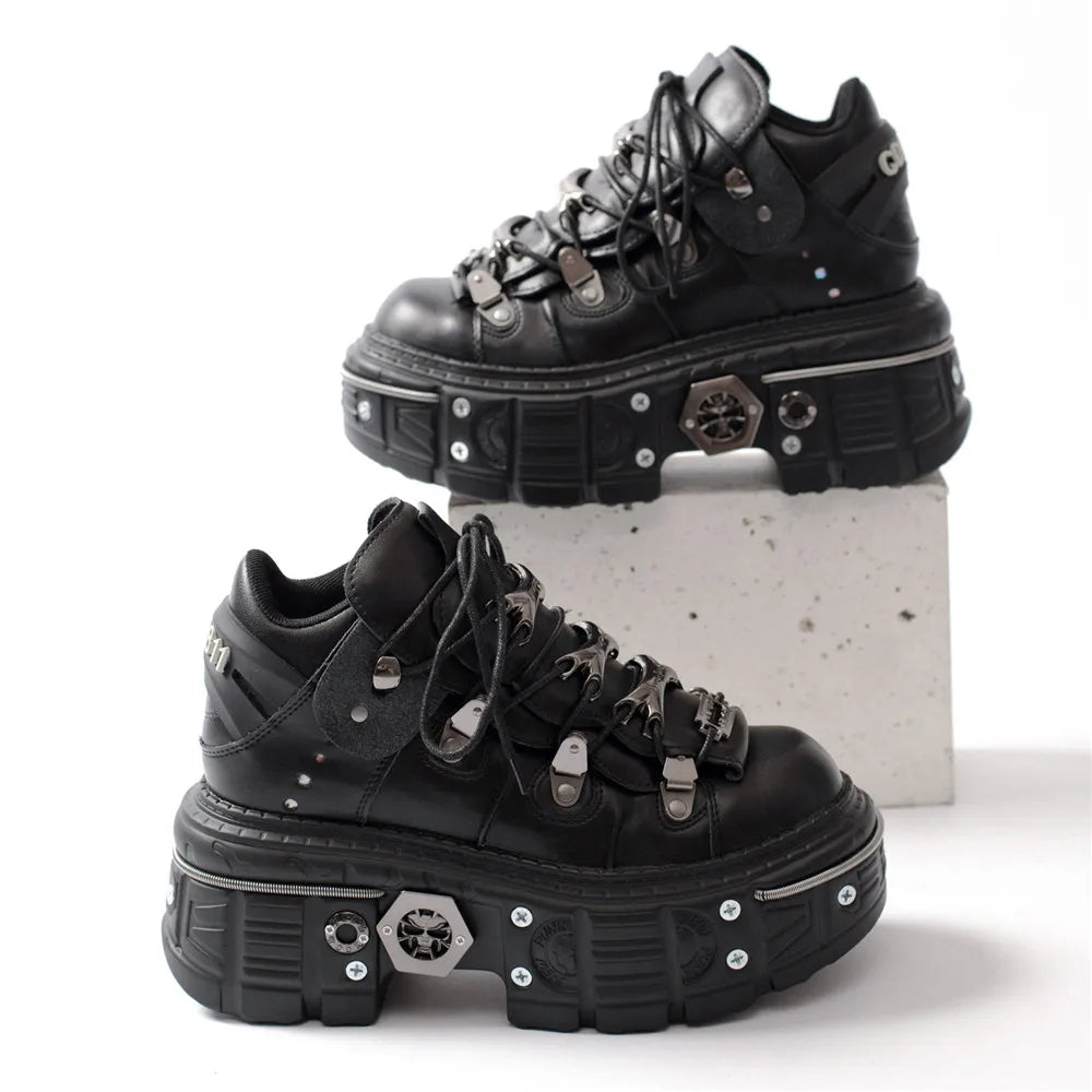 Skovae | Kvinder Ankelstøvler til kvinder Tykkesål Snørebånd Metal Dekoration Runde Tæer Plattform Sko Ladeis Punk Gothic Sneakers