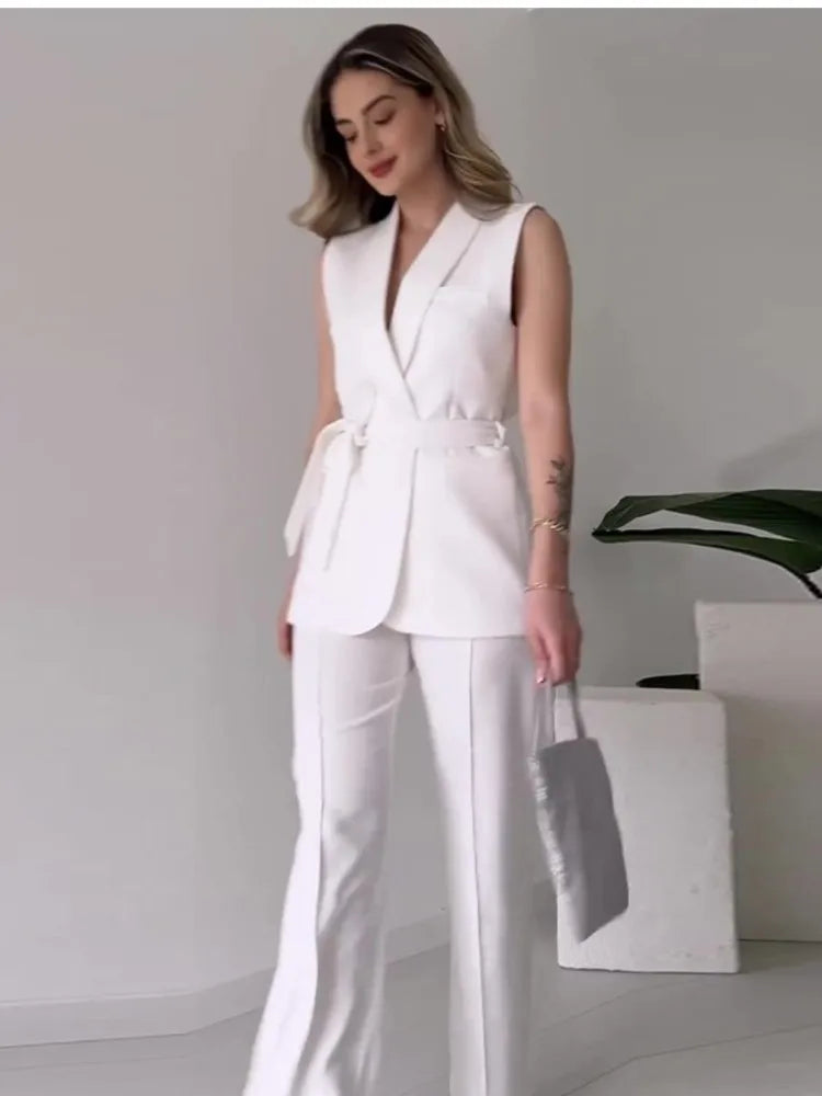 Stilla | Elegante 2-delt Udenærmetop og Lange Bukser Sæt Ensfarvet Slank Sæt Kvinder Festoutfit