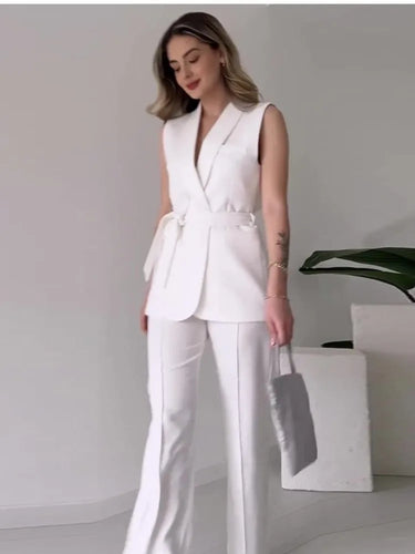 Stilla | Elegante 2-delt Udenærmetop og Lange Bukser Sæt Ensfarvet Slank Sæt Kvinder Festoutfit