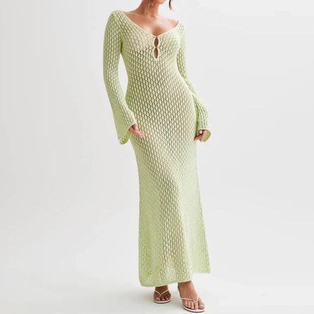 Skovae | Maxi Strikkjole Hækletekstur V-Udskæring Lange Ærmer Strømmende Boho Stil
