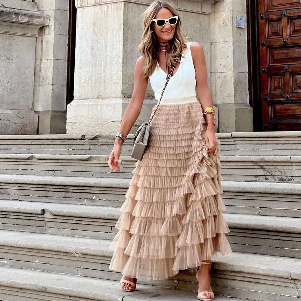 Skovae | Løs Dame Solid Ballkjole Lange Nederdel Tyll Høj Talje Pleseret Tutu Nederdel Elegant Dame Vild Net Dating Maxi Nederdele Drop