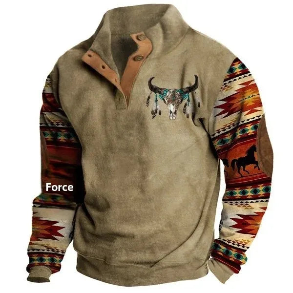 Stilla | Vintage Western Sweatshirt med Etnisk Mønster og Ståkrave - Fritidstrøje