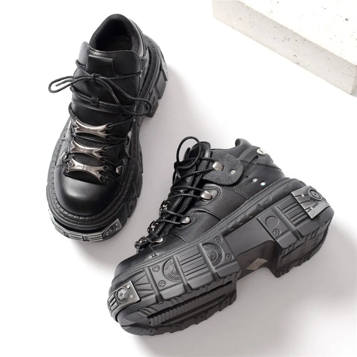 Skovae | Kvinder Ankelstøvler til kvinder Tykkesål Snørebånd Metal Dekoration Runde Tæer Plattform Sko Ladeis Punk Gothic Sneakers