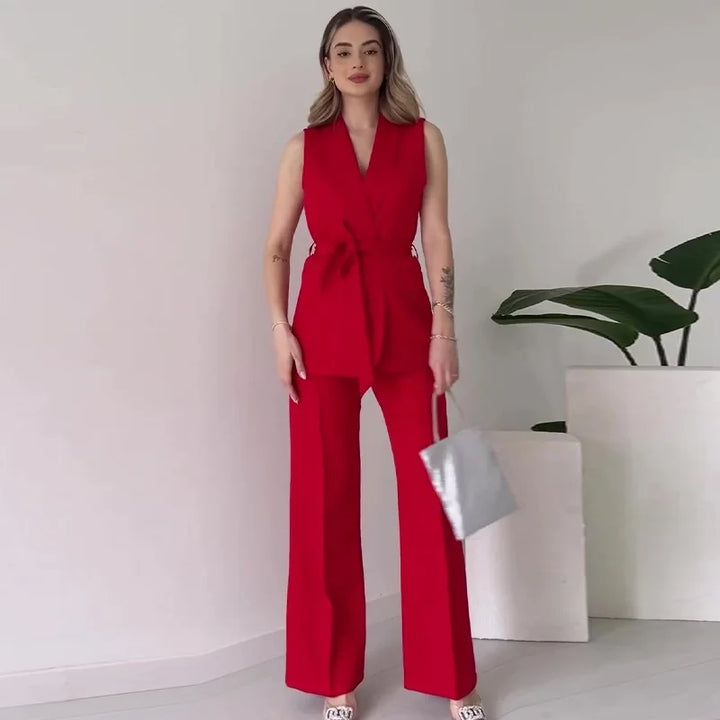 Stilla | Elegante 2-delt Udenærmetop og Lange Bukser Sæt Ensfarvet Slank Sæt Kvinder Festoutfit