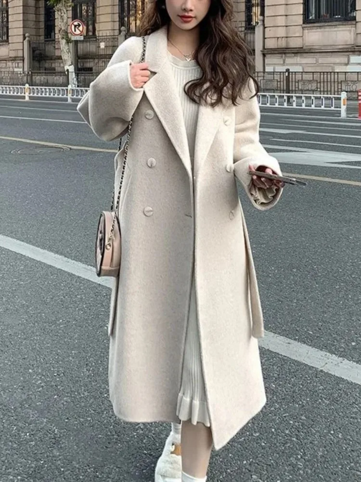 Stilla | Lang frakke Oversized Fit Dobbelt række Elastisk bånd Uld udseende