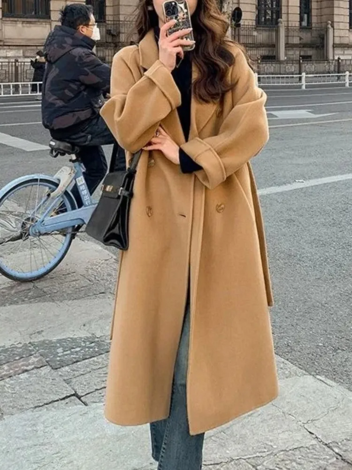 Stilla | Lang frakke Oversized Fit Dobbelt række Elastisk bånd Uld udseende