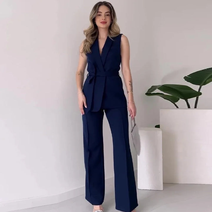 Stilla | Elegante 2-delt Udenærmetop og Lange Bukser Sæt Ensfarvet Slank Sæt Kvinder Festoutfit