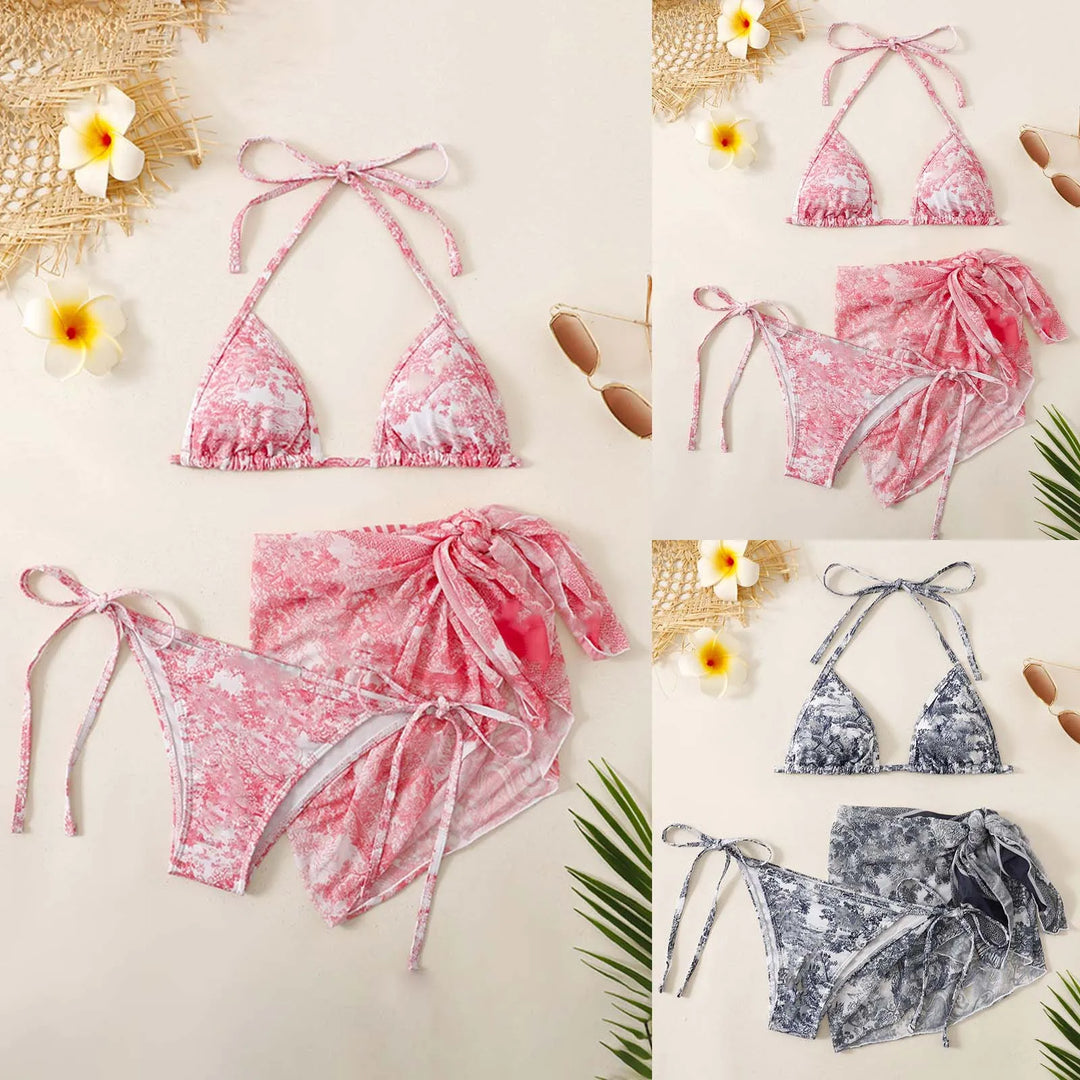 Skovae | Damen Tre-delt Badetøj Sommer Push-Up Høj Talje Bikini Sæt med Dækning Nederdel Tie Dyed Svømning Badedragt Strandtøj