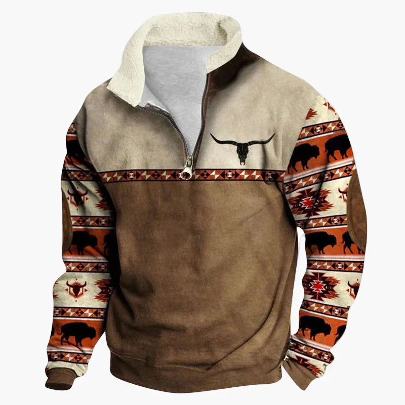 Stilla | Vintage Western Half-Zip Pullover med Etnisk Mønster til Udendørs og Fritid