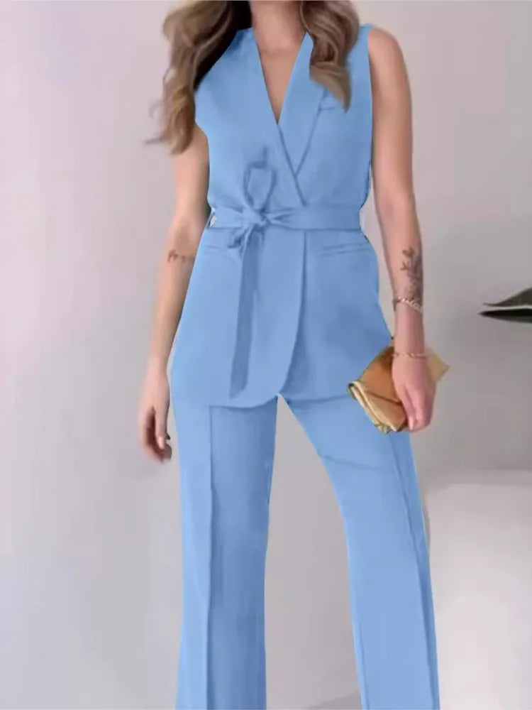 Stilla | Elegante 2-delt Udenærmetop og Lange Bukser Sæt Ensfarvet Slank Sæt Kvinder Festoutfit