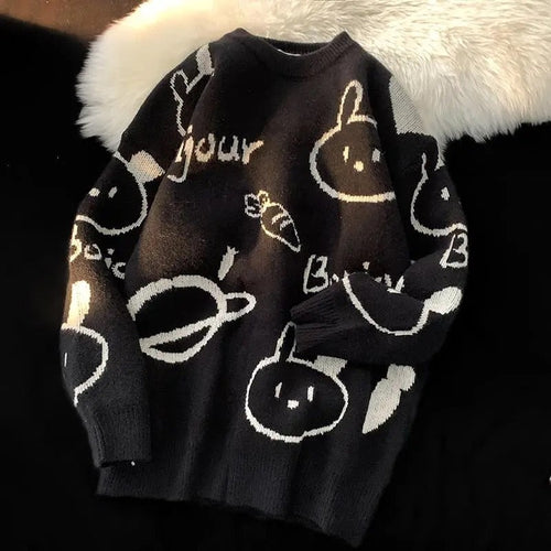 Stilla | Behagelig Kawaii Bunny Pullover Retro-strikket pullover til kvinder med rund halsudskæring og sødt mønster