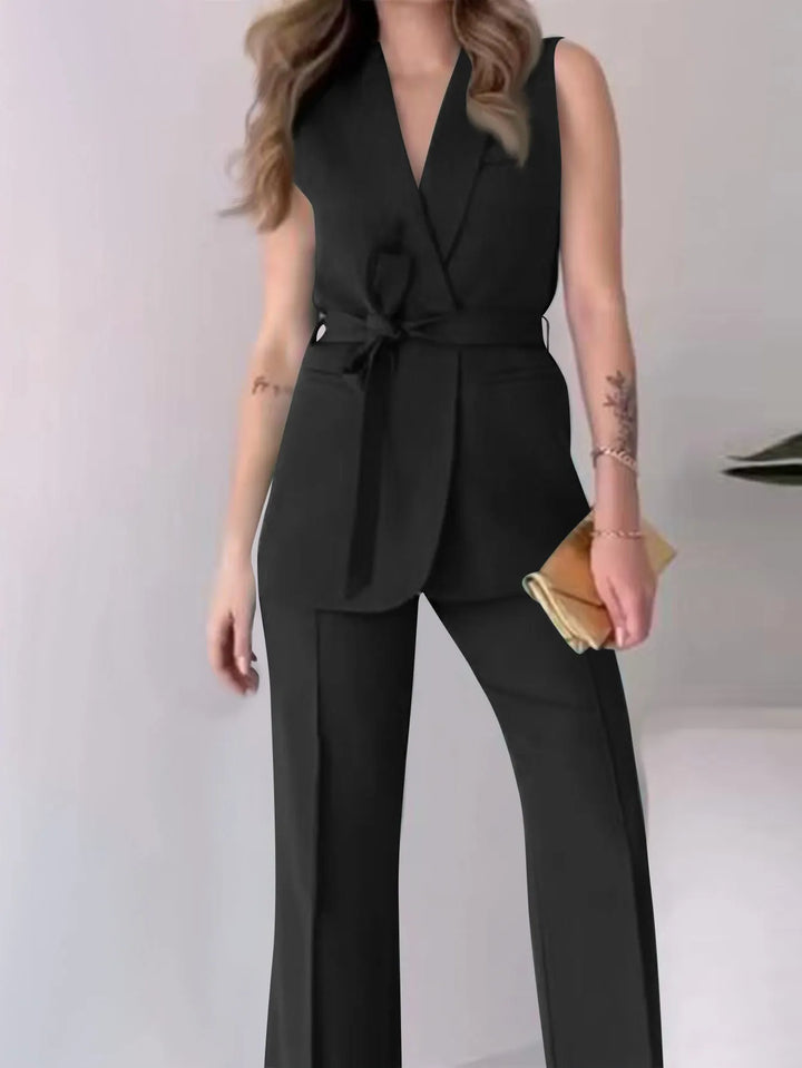 Stilla | Elegante 2-delt Udenærmetop og Lange Bukser Sæt Ensfarvet Slank Sæt Kvinder Festoutfit