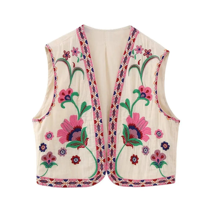 Stilla | Broderet ærmeløs vest med blomsteraccenter