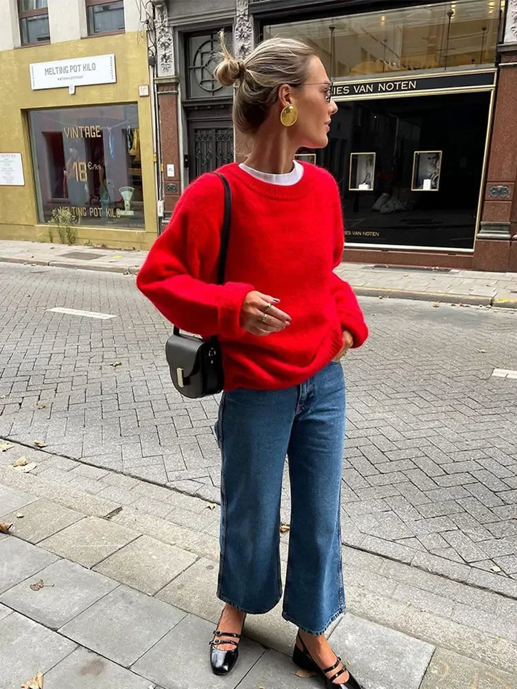 Stilla | Elegant Rød Rundhalset Pullover Af Bomuld Til Damer