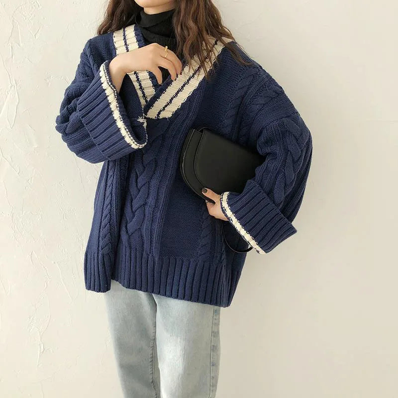 Stilla | Oversized Pullover Dame I Vintage Stil Med V-udskæring