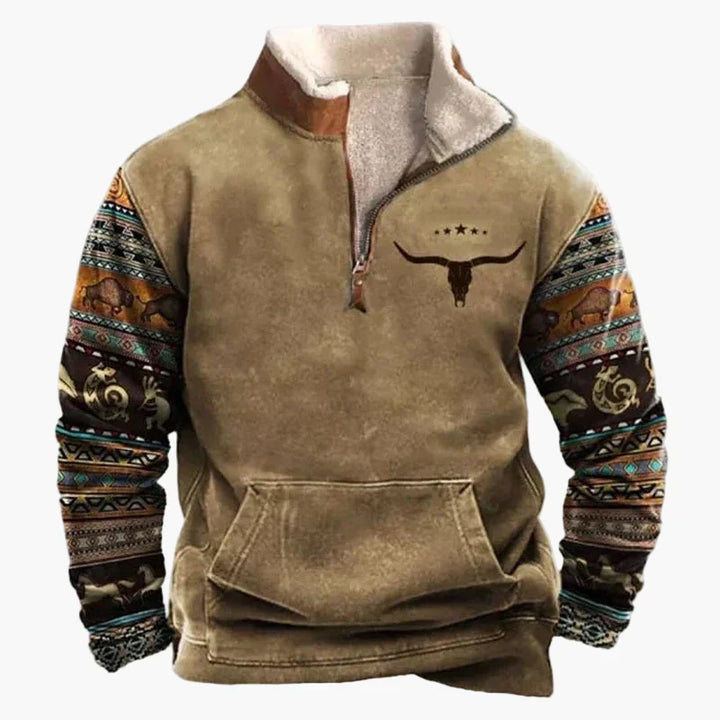 Stilla | Vintage Western Half-Zip Pullover med Etnisk Mønster til Udendørs og Fritid