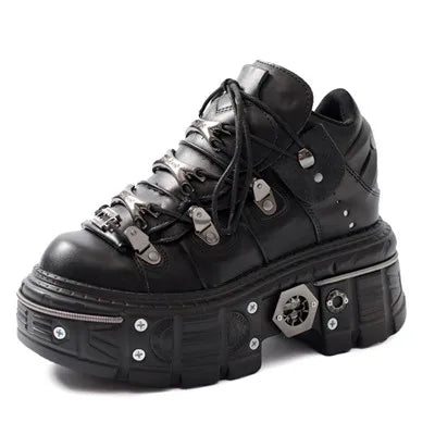 Skovae | Kvinder Ankelstøvler til kvinder Tykkesål Snørebånd Metal Dekoration Runde Tæer Plattform Sko Ladeis Punk Gothic Sneakers